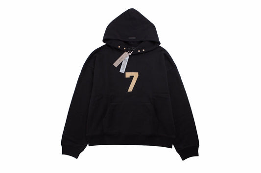 Fear Of God Hoodie - Black Unisex Streetwear Limited Edition - Black hoodie with tan '7' print on the chest. Comfortable and cozy fit. Features a