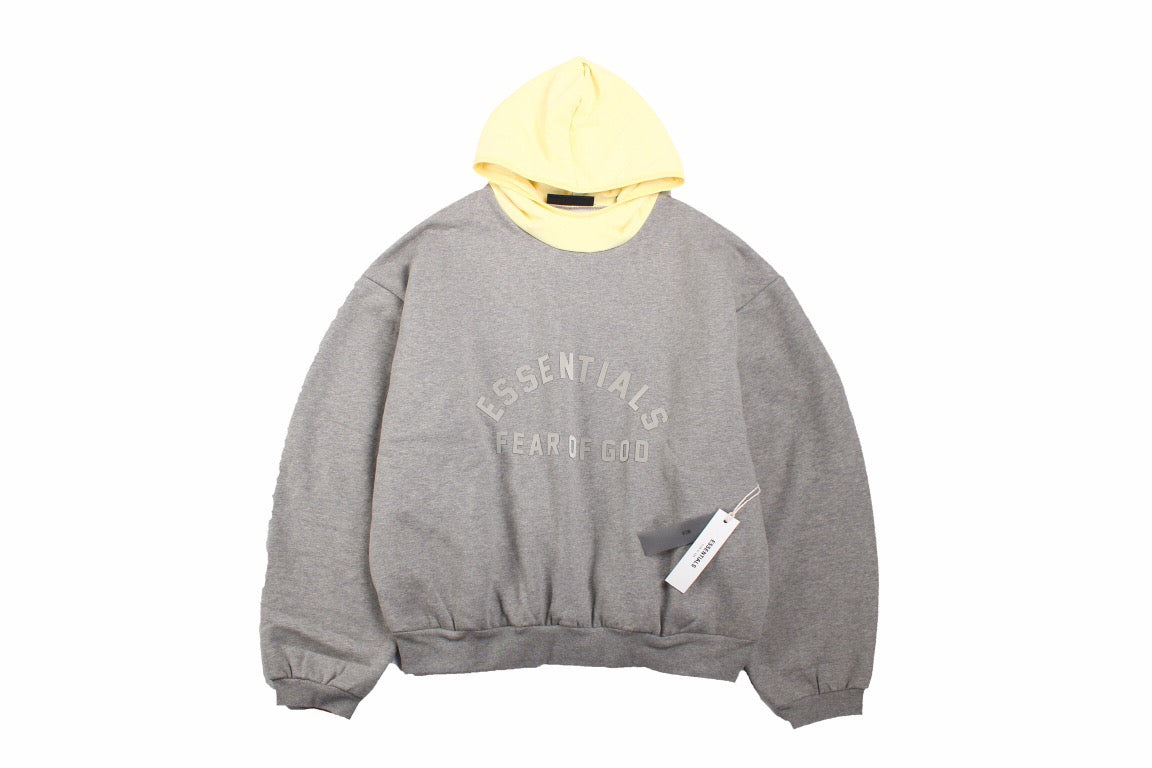 Fear Of God Essentials Hoodie - Grey With Hood - Yellow Unisex Streetwear Limited Edition - This grey Fear of God Essentials hoodie features a subtle 'ESSENTIALS FEAR OF GOD' logo