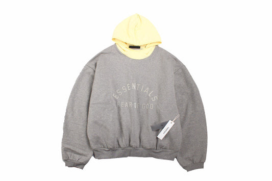 Fear Of God Essentials Hoodie - Grey With Hood - Yellow Unisex Streetwear Limited Edition - This grey Fear of God Essentials hoodie features a subtle 'ESSENTIALS FEAR OF GOD' logo