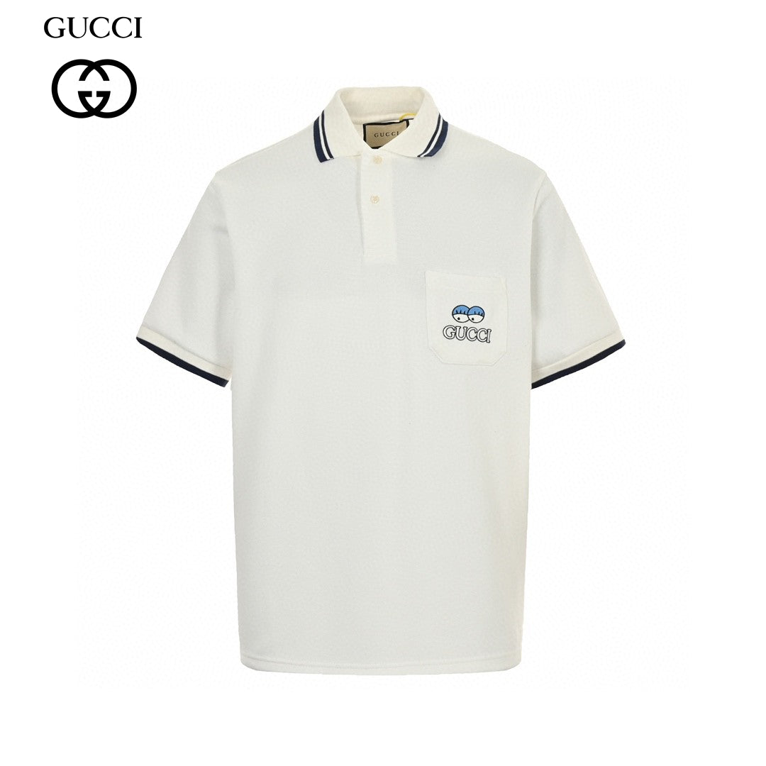 Gucci Polo Shirt - White Unisex Streetwear Limited Edition - This Gucci polo shirt features a clean white design with navy trim on the collar