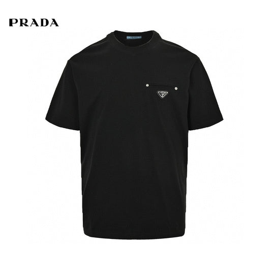 Prada T-shirt - Black Unisex Streetwear Limited Edition - This Prada t-shirt features a sleek black design. It has a small chest pocket with