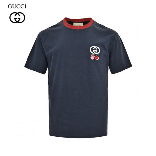 Gucci Cherry Logo T-shirt - Navy Unisex Streetwear Limited Edition - This Gucci t-shirt in navy features a small, playful cherry graphic intertwined with the iconic