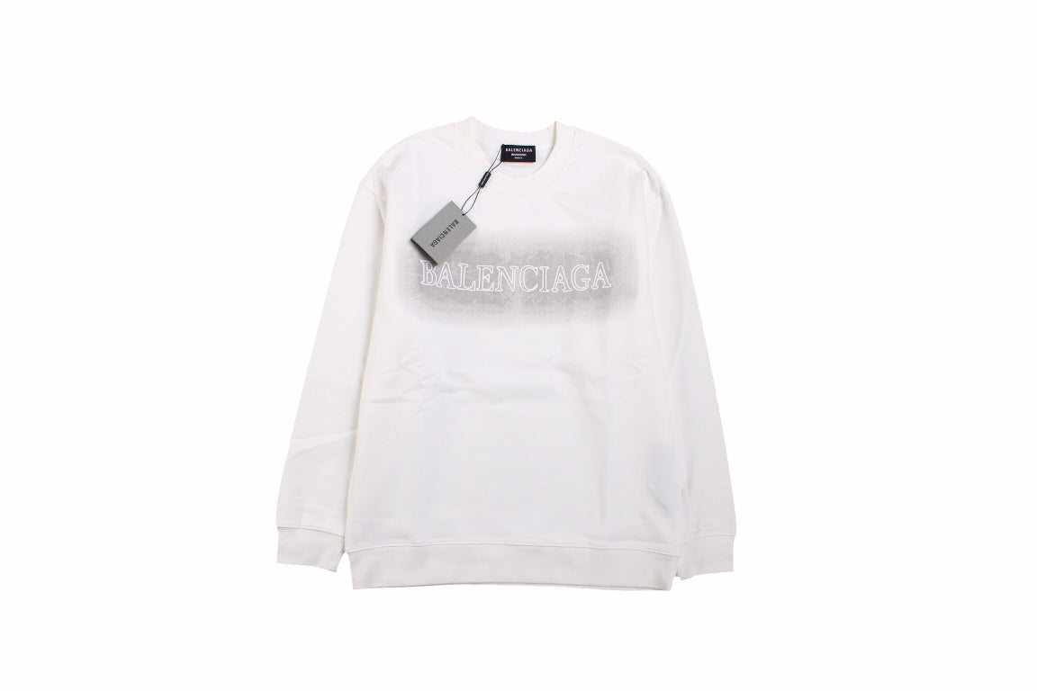 Balenciaga Sweatshirt - White Unisex Streetwear Limited Edition - White sweatshirt with gray gradient background and white Balenciaga logo on the chest. Comfortable and