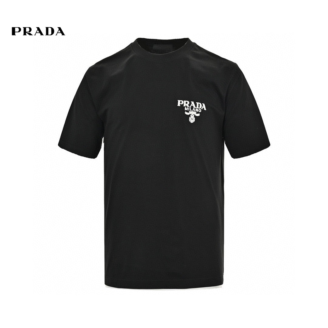 Prada T-shirt - Black Unisex Streetwear Limited Edition - This Prada t-shirt features a minimalist black design. It has the Prada Milano logo printed