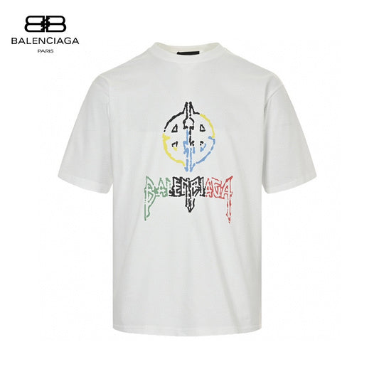 Balenciaga Multicolor Graphic Logo T-shirt - White Unisex Streetwear Limited Edition - This Balenciaga t-shirt features a unique multicolor graphic logo on the front, combining vibrant colors