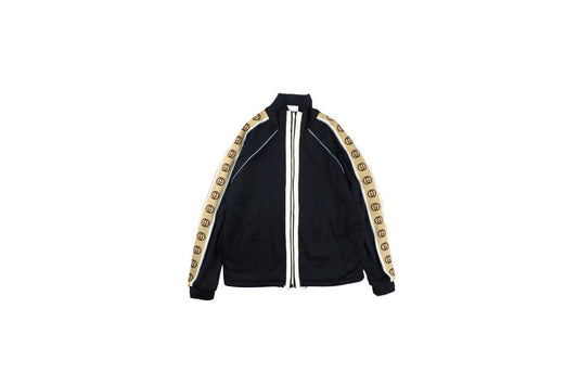 Gucci Gg Logo Stripe Track Jacket - - Black Unisex Streetwear Limited Edition - This Gucci track jacket showcases a classic black design with bold beige GG logo stripes