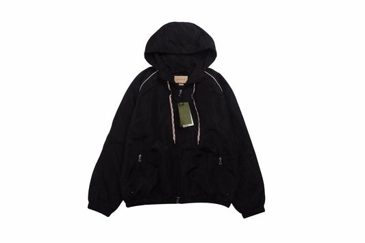Gucci Jacket - Black Unisex Streetwear Limited Edition - Black hooded jacket with zip closure. Features white piping and drawstrings with Gucci branding. Side
