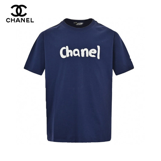 Chanel Logo T-shirt (navy Blue) Unisex Streetwear Limited Edition - This Chanel T-shirt in navy blue features a bold, white Chanel logo across the chest,