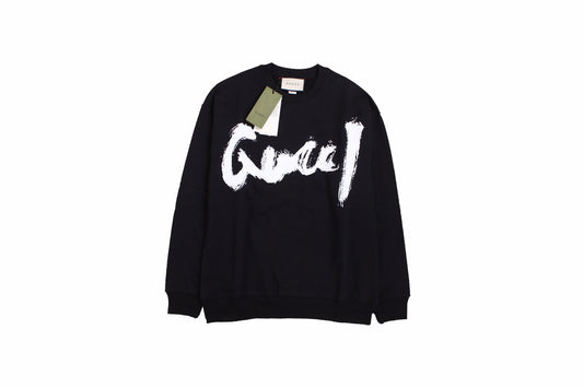 Gucci Sweatshirt - Black Unisex Streetwear Limited Edition - Black sweatshirt with a bold, brushstroke-style 'Gucci' logo in white. Features ribbed cuffs and hem