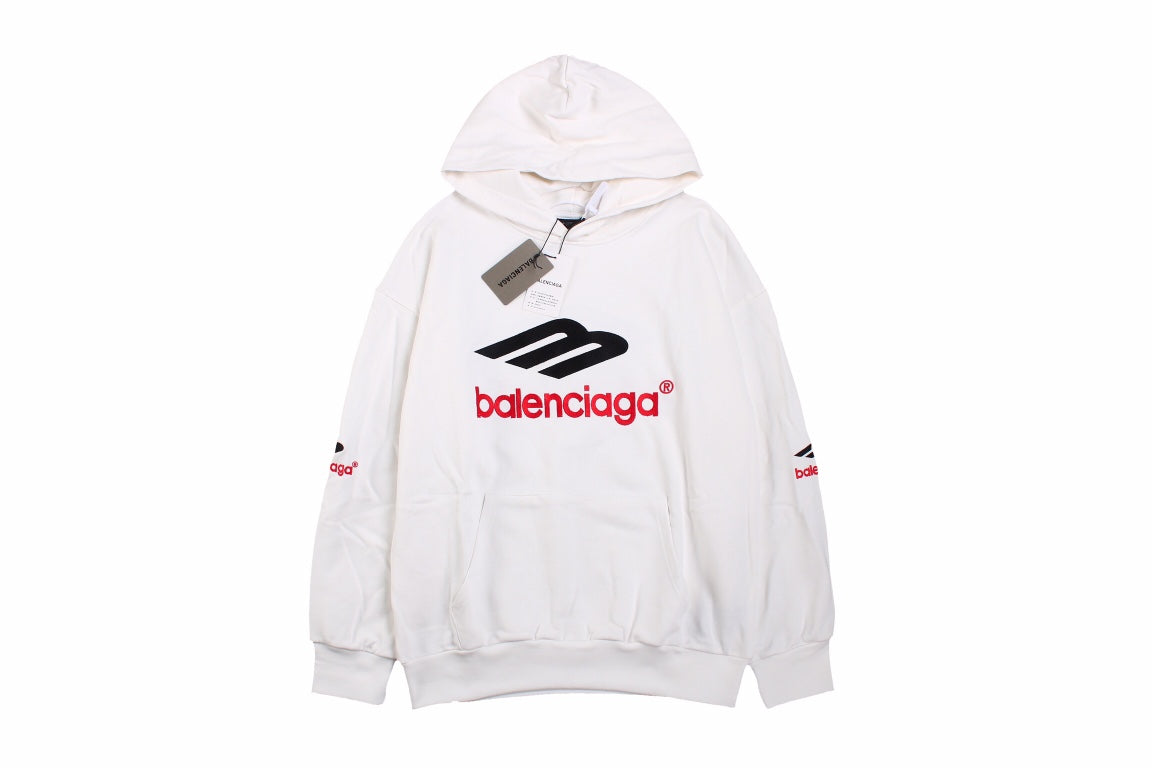 Balenciaga Hoodie - White Unisex Streetwear Limited Edition - This Balenciaga hoodie features a bold black and red logo on the front. Crafted from