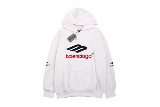 Balenciaga Hoodie - White Unisex Streetwear Limited Edition - This Balenciaga hoodie features a bold black and red logo on the front. Crafted from