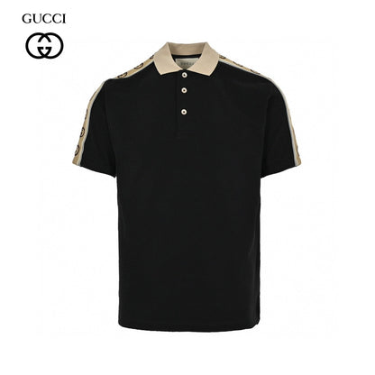 Gucci Polo Shirt With Logo Tape - Black Unisex Streetwear Limited Edition - This Gucci Polo Shirt in classic black features signature logo tape detailing along the shoulders