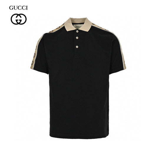 Gucci Polo Shirt With Logo Tape - Black Unisex Streetwear Limited Edition - This Gucci Polo Shirt in classic black features signature logo tape detailing along the shoulders