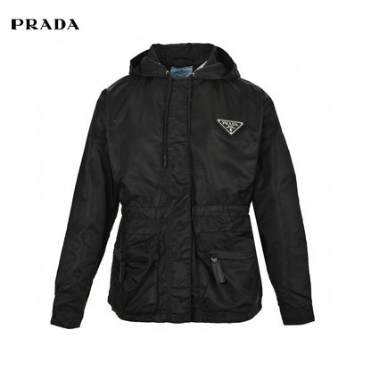 Prada Nylon Hooded Jacket - Black Unisex Streetwear Limited Edition - This Prada jacket features a sleek black design with the iconic Prada triangle logo on