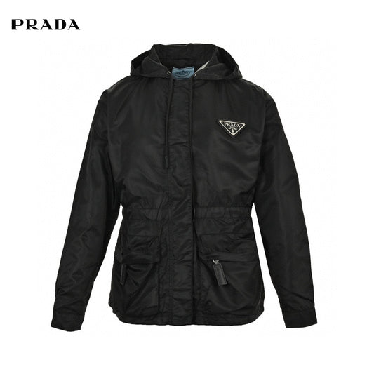 Prada Nylon Hooded Jacket - Black Unisex Streetwear Limited Edition - This Prada jacket features a sleek black design with the iconic Prada triangle logo on