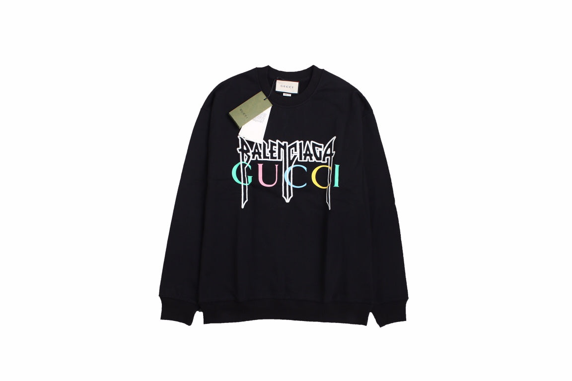 Gucci - Balenciaga Sweatshirt - Black Unisex Streetwear Limited Edition - Black sweatshirt featuring a bold graphic design. 'BALENCIAGA' in white gothic font overlaid with 'GUCCI'