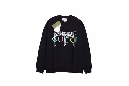 Gucci - Balenciaga Sweatshirt - Black Unisex Streetwear Limited Edition - Black sweatshirt featuring a bold graphic design. 'BALENCIAGA' in white gothic font overlaid with 'GUCCI'