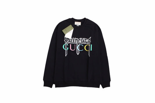 Gucci - Balenciaga Sweatshirt - Black Unisex Streetwear Limited Edition - Black sweatshirt featuring a bold graphic design. 'BALENCIAGA' in white gothic font overlaid with 'GUCCI'