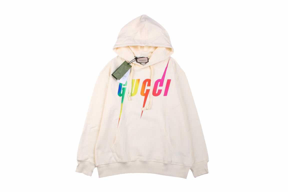 Gucci Rainbow Logo Hoodie - - Cream Unisex Streetwear Limited Edition - This cream-colored Gucci hoodie features a striking rainbow 'GUCCI' logo on the front. It has