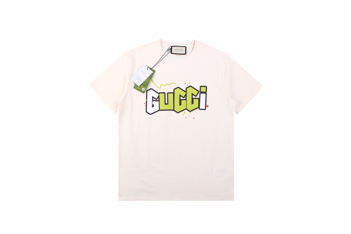 Gucci Lightning Bolt Logo T-shirt In - Cream Unisex Streetwear Limited Edition - This cream Gucci t-shirt captures attention with its playful design, featuring the Gucci logo outlined