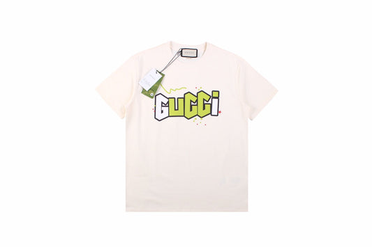 Gucci Lightning Bolt Logo T-shirt In - Cream Unisex Streetwear Limited Edition - This cream Gucci t-shirt captures attention with its playful design, featuring the Gucci logo outlined