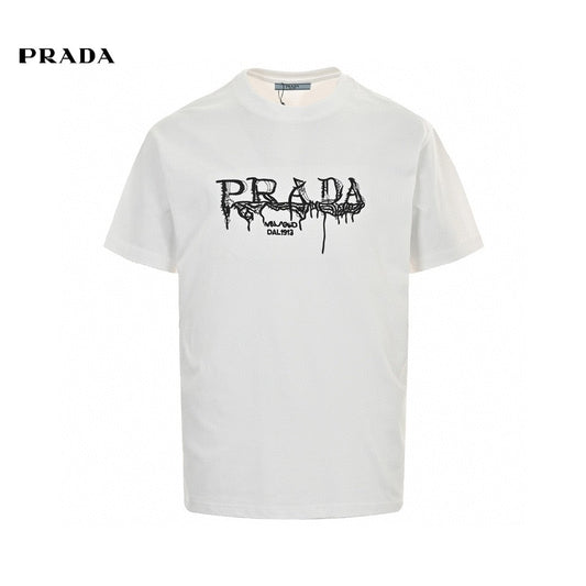 Prada Graphic Logo T-shirt (white) Unisex Streetwear Limited Edition - This white Prada T-shirt features a bold graphic logo print on the front, showcasing the