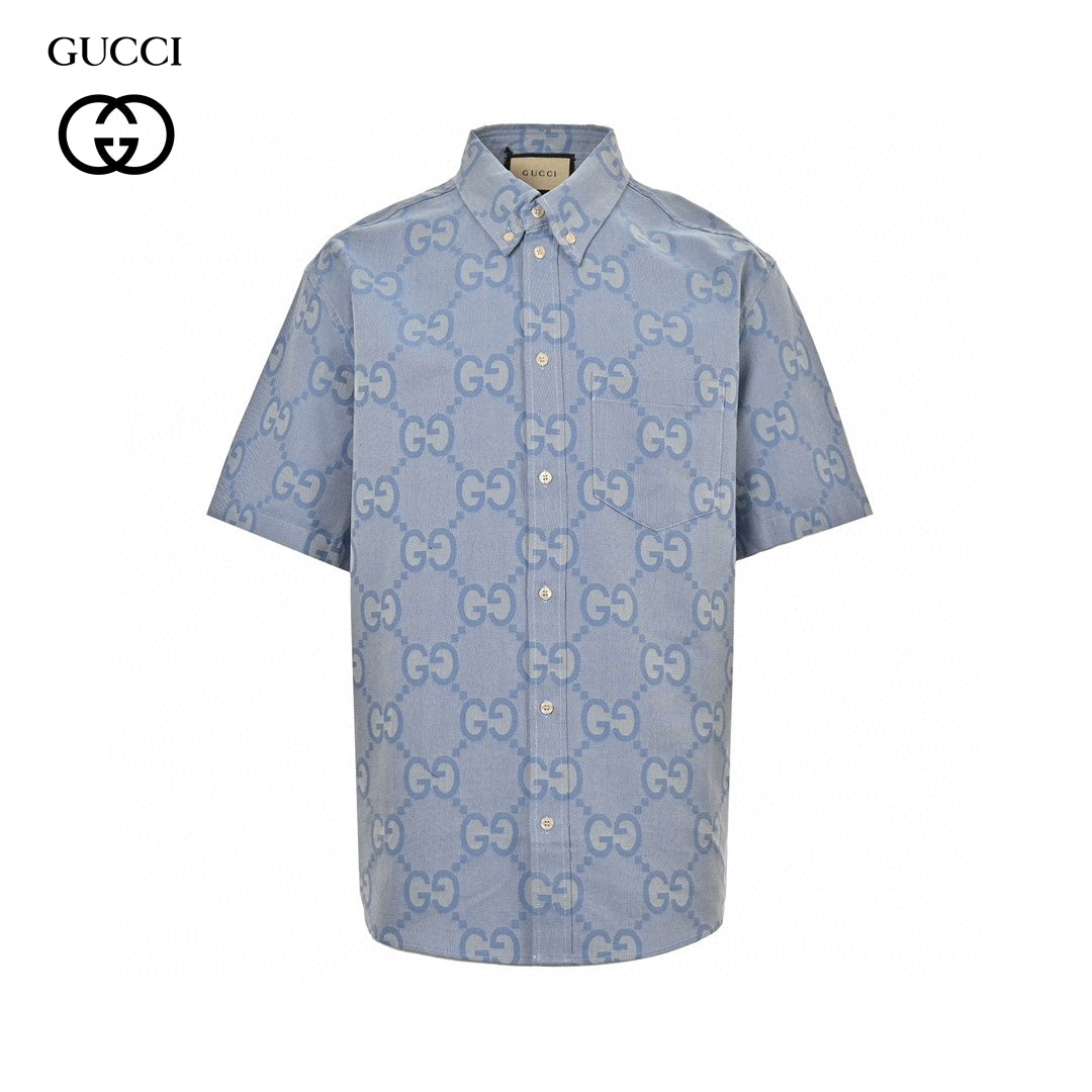 Gucci Allover Logo Denim Shirt - Blue Unisex Streetwear Limited Edition - This Gucci shirt features an allover GG logo design set against a light blue denim