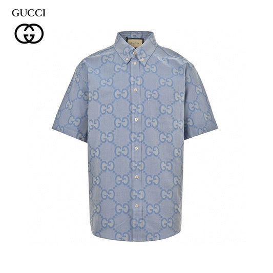 Gucci Allover Logo Denim Shirt - Blue Unisex Streetwear Limited Edition - This Gucci shirt features an allover GG logo design set against a light blue denim