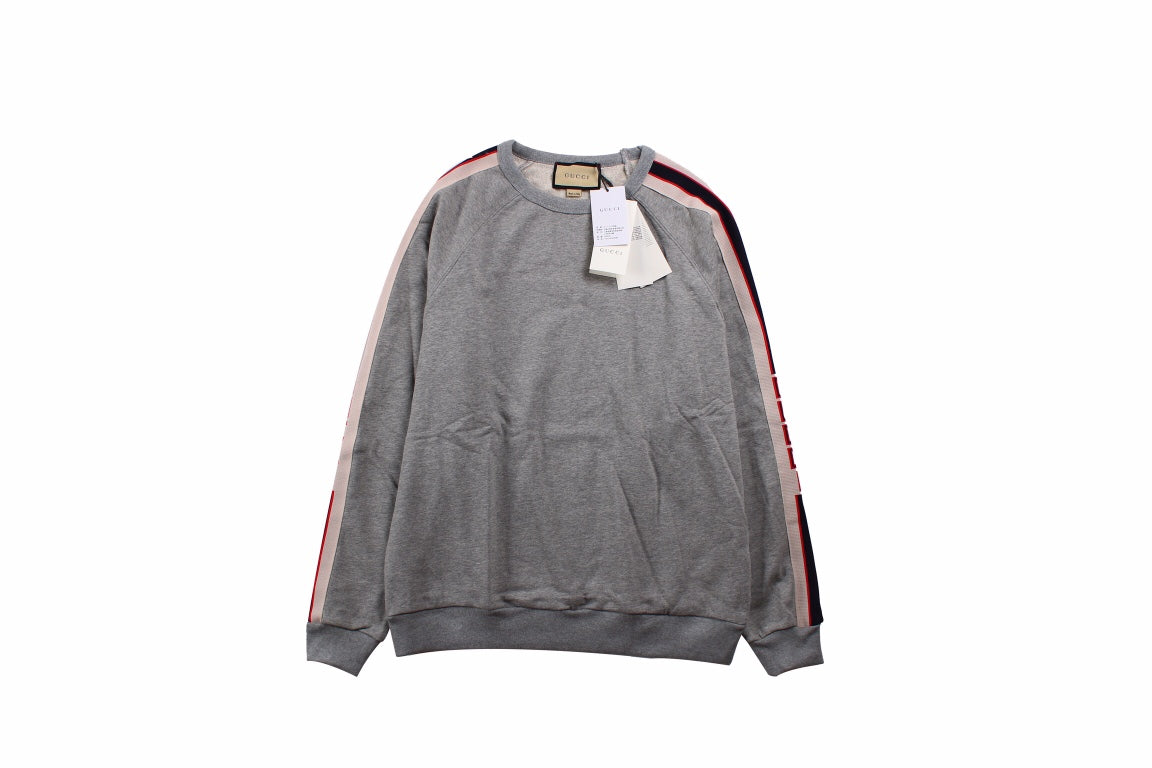 Gucci Sweatshirt With Stripe Detail - Grey Unisex Streetwear Limited Edition - This Gucci sweatshirt features a grey design with colorful stripe details along the sleeves. It