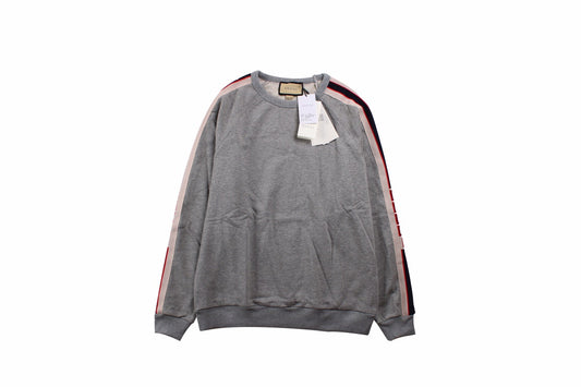 Gucci Sweatshirt With Stripe Detail - Grey Unisex Streetwear Limited Edition - This Gucci sweatshirt features a grey design with colorful stripe details along the sleeves. It