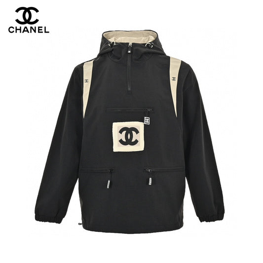 Chanel Two-tone Hooded Jacket - Black Unisex Streetwear Limited Edition - This Chanel jacket features a stylish black and beige two-tone design. It has a front
