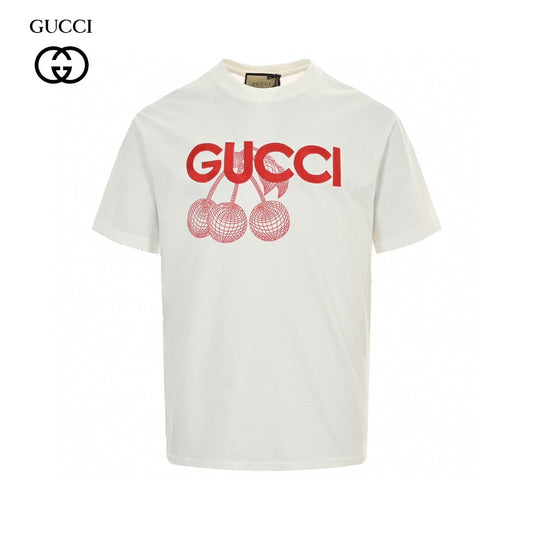Gucci Cherries T-shirt (white) Unisex Streetwear Limited Edition - This white Gucci t-shirt showcases a playful red cherry graphic accompanied by the iconic Gucci