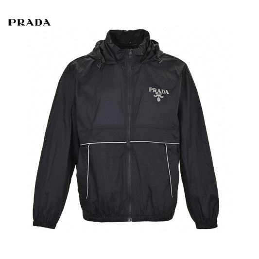 Prada Lightweight Hooded Jacket - - Black Unisex Streetwear Limited Edition - This Prada jacket features a sleek black design with the Prada logo on the chest.