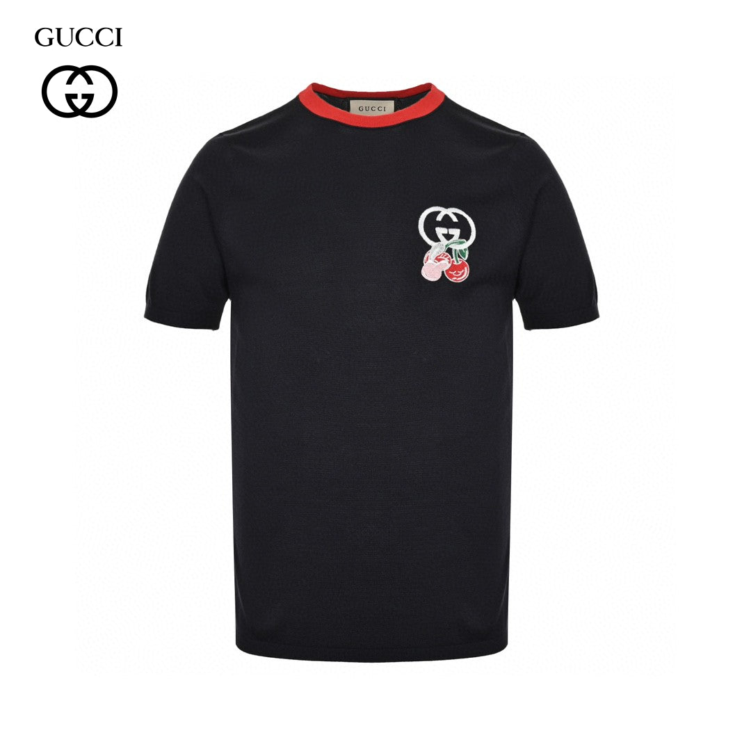 Gucci Cherry Embroidered T-shirt Unisex Streetwear Limited Edition - The Gucci Cherry Embroidered T-Shirt combines playful design with luxury craftsmanship. This black tee features