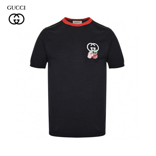 Gucci Cherry Embroidered T-shirt Unisex Streetwear Limited Edition - The Gucci Cherry Embroidered T-Shirt combines playful design with luxury craftsmanship. This black tee features