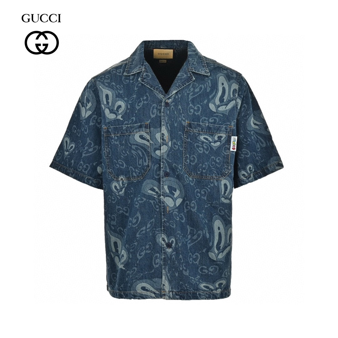 Gucci Denim Shirt Unisex Streetwear Limited Edition - This Gucci denim shirt combines a classic silhouette with modern flair. The short-sleeve design is