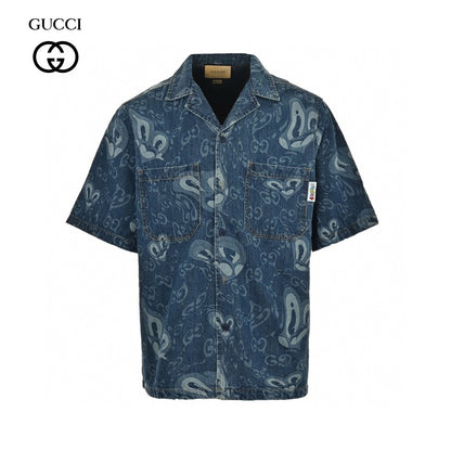Gucci Denim Shirt Unisex Streetwear Limited Edition - This Gucci denim shirt combines a classic silhouette with modern flair. The short-sleeve design is
