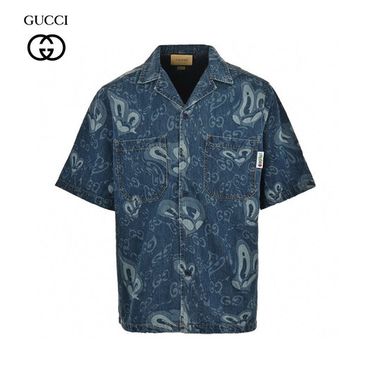 Gucci Denim Shirt Unisex Streetwear Limited Edition - This Gucci denim shirt combines a classic silhouette with modern flair. The short-sleeve design is