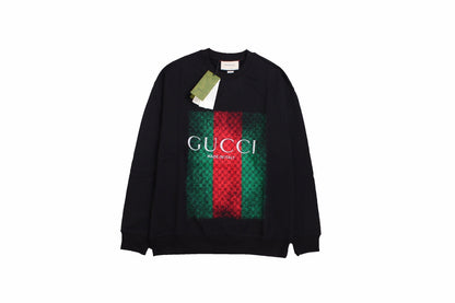 Gucci Sweatshirt - Black Unisex Streetwear Limited Edition - Black sweatshirt featuring the iconic Gucci green and red web design. Overlaid with the 'GUCCI'