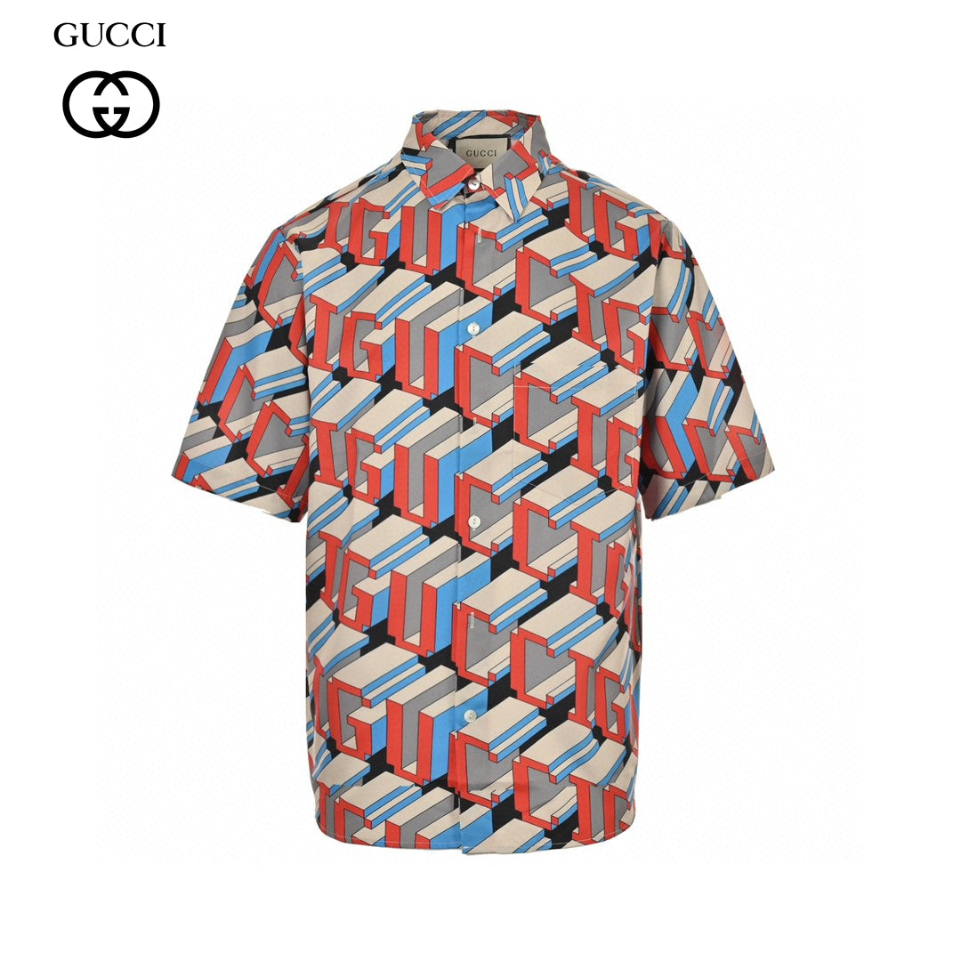 Gucci Geometric Logo Print Shirt - Red Unisex Streetwear Limited Edition - This Gucci shirt features an eye-catching geometric logo print in vibrant red, blue, and gray