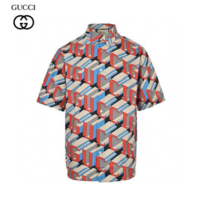 Gucci Geometric Logo Print Shirt - Red Unisex Streetwear Limited Edition - This Gucci shirt features an eye-catching geometric logo print in vibrant red, blue, and gray