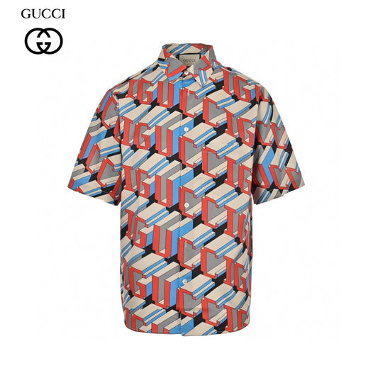 Gucci Geometric Logo Print Shirt - Red Unisex Streetwear Limited Edition - This Gucci shirt features an eye-catching geometric logo print in vibrant red, blue, and gray