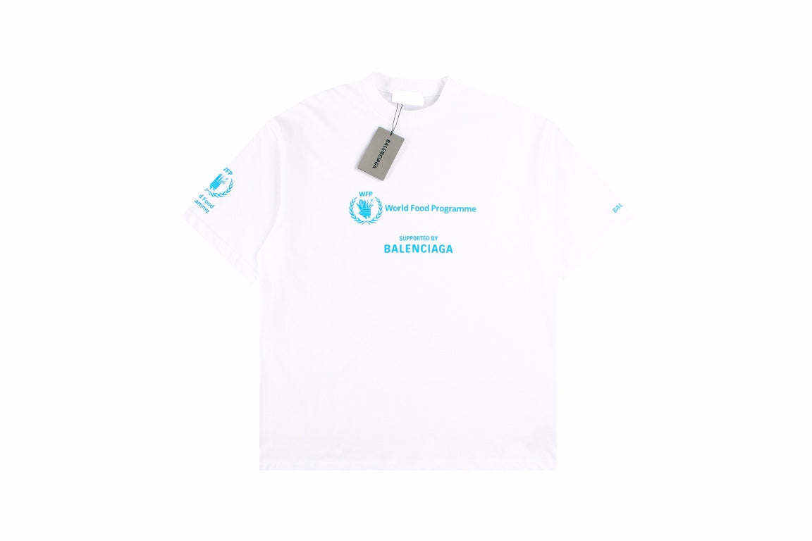 Balenciaga World Food Programme T-shirt - White Unisex Streetwear Limited Edition - This white Balenciaga t-shirt features the World Food Programme (WFP) logo, symbolizing the brand's support