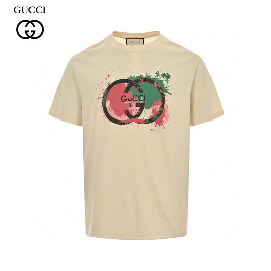 Gucci Splatter Logo T-shirt (beige) Unisex Streetwear Limited Edition - This beige Gucci T-shirt features a striking splatter logo design. The front showcases the iconic