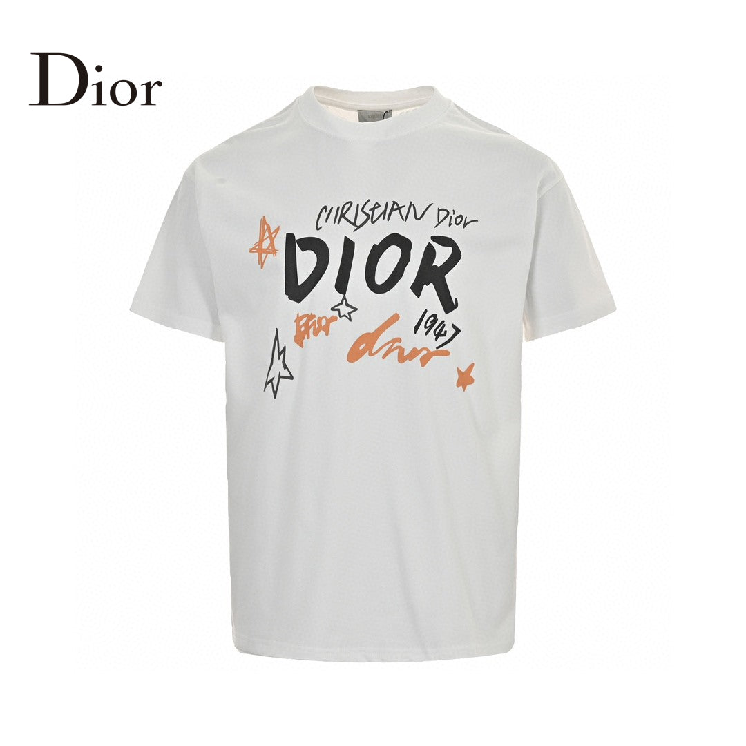 Dior Christian Dior Graphic T-shirt - White Unisex Streetwear Limited Edition - This Dior t-shirt features a bold graphic design with 'Christian Dior' text and star-like elements.