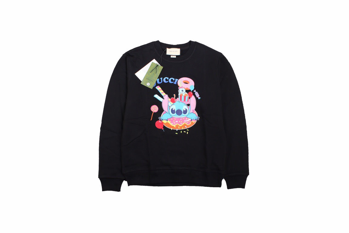 Gucci Stitch Donut Sweatshirt - Black Unisex Streetwear Limited Edition - This Gucci sweatshirt in black features a colorful and fun graphic of Stitch enjoying donuts