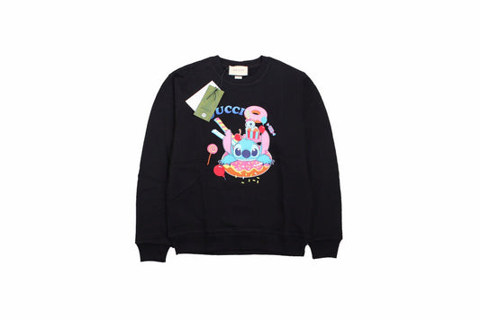 Gucci Stitch Donut Sweatshirt - Black Unisex Streetwear Limited Edition - This Gucci sweatshirt in black features a colorful and fun graphic of Stitch enjoying donuts