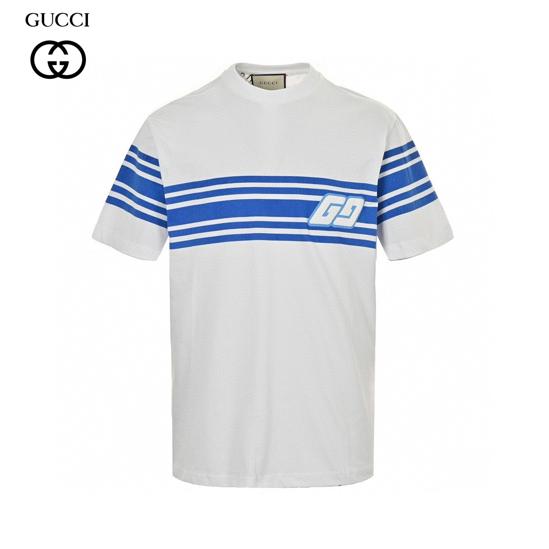 Gucci Gg Blue Stripe T-shirt - White Unisex Streetwear Limited Edition - This Gucci t-shirt features a stylish blue stripe design across the chest and sleeves, accented