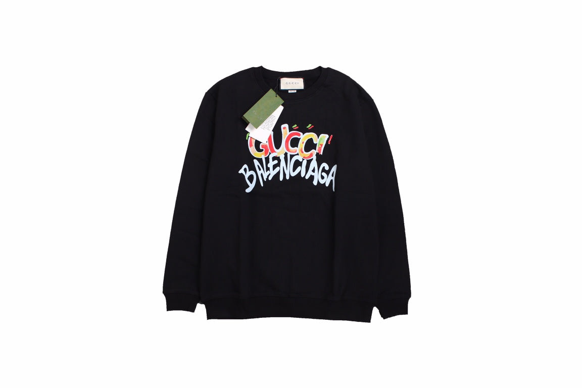 Gucci - Balenciaga Sweatshirt - Black Unisex Streetwear Limited Edition - Black sweatshirt featuring a playful, colorful 'Gucci Balenciaga' graphic. Designed with ribbed cuffs and hem