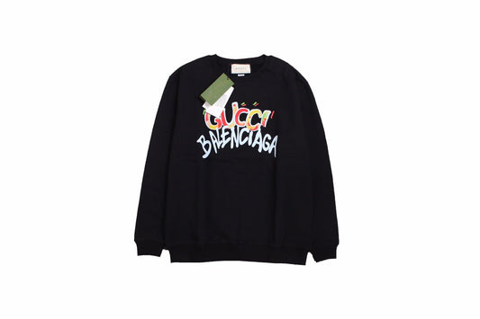 Gucci - Balenciaga Sweatshirt - Black Unisex Streetwear Limited Edition - Black sweatshirt featuring a playful, colorful 'Gucci Balenciaga' graphic. Designed with ribbed cuffs and hem